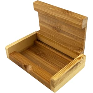 A bamboo phone case in natural wood tones, featuring an open design with a backrest and groove for securing a device.