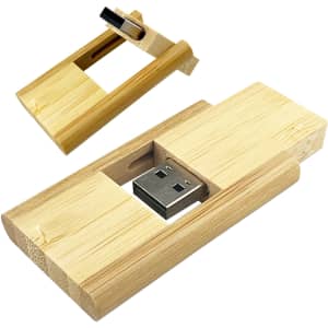A bamboo USB flash drive with a 32GB capacity, featuring a sleek wooden design and a small sliding mechanism.