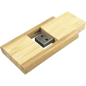 A Bamboo USB flash drive with a 32GB capacity, featuring a wooden casing and a silver USB connector.