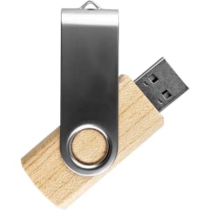 A bamboo and silver USB flash drive with a swivel cap, showcasing a natural finish and metallic accents.