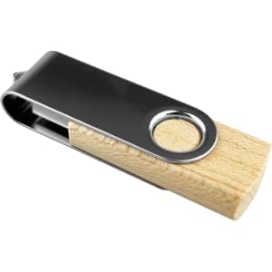 A bamboo and silver USB flash drive with a swivel design, featuring a logo on the metal section.