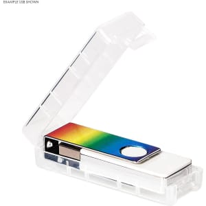A USB drive in a transparent case, featuring a rainbow design. The case is opened, revealing the drive inside.