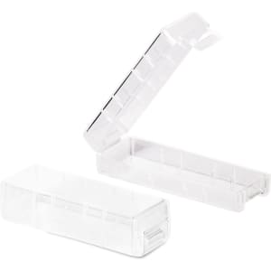 A clear USB drive case with an open lid and a textured design, featuring a logo on the side.