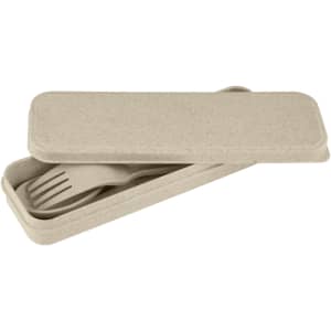 A set of wheat straw utensils including a fork, enclosed in a matching beige case.