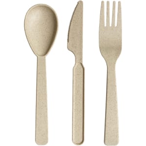 Wheat straw utensils set in a neutral beige colour, including a spoon, knife, and fork, packaged together.