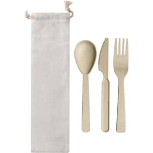 Wheat straw utensils in a natural-coloured bag, featuring a spoon, fork, and knife. The bag is made of fabric.