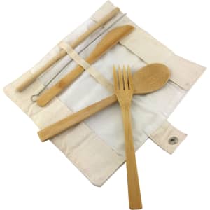 A bamboo utensils set featuring a fork, spoon, knife, and straw, all in a natural colour, housed in a fabric pouch.