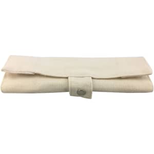 A bamboo utensils set wrapped in a beige fabric case with a button closure. Includes various cutlery pieces.