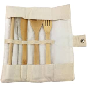 A bamboo utensils set in a natural fabric case, featuring a knife, fork, and spoon. Includes a logo on the case.