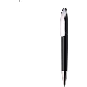 A black plastic pen with a shiny silver clip and tip. The pen has a sleek, modern design and features a logo.
