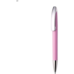 A pink plastic pen with a chrome clip and a shiny silver tip, featuring a branding logo.