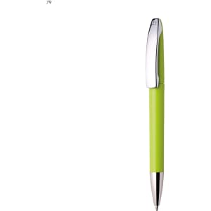 A plastic pen in bright green with a chrome clip and silver tip. The pen features a branding logo.
