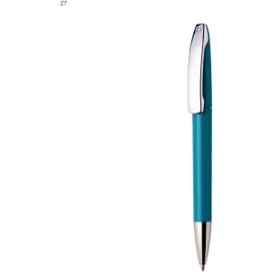 A plastic pen in a teal colour with a silver clip and tip, featuring a logo on the clip.