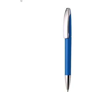 A blue plastic pen with a silver clip and tip, featuring a branding logo.