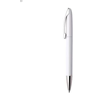 A white plastic pen with a silver clip and tip, featuring a simple, sleek design.