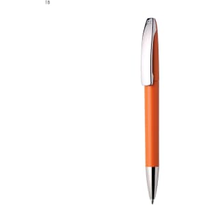 An orange plastic pen with a silver clip and a sleek design. The pen has a logo on it.