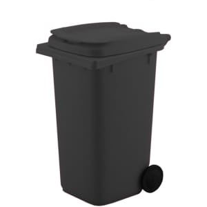 A grey wheelie bin pen holder with a lid and a wheel, designed for office use. It features a simple, modern design.