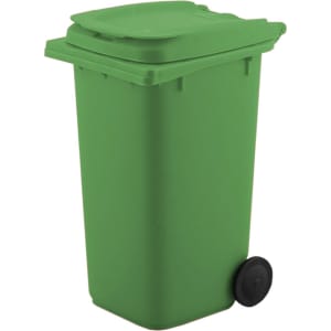 A green wheelie bin pen holder with a lid and a black wheel, designed for office use.