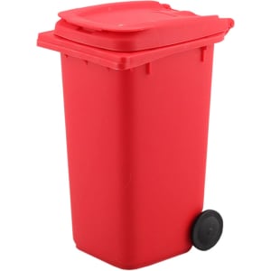 A red wheelie bin pen holder with a lid and a black wheel, suitable for office use.