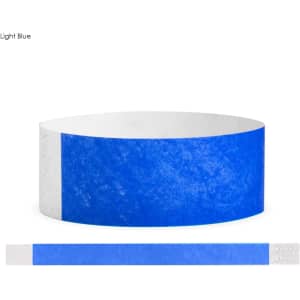 A light blue Tyvek adult wristband with a white section, showcasing a simple and durable design.