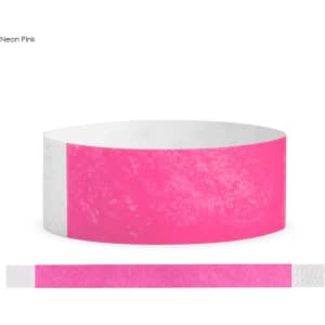 A neon pink Tyvek adult wristband, featuring a brand logo and a textured white section.