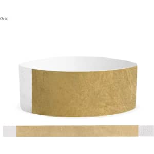 A gold Tyvek adult wristband with smooth surfaces and a white section, featuring a logo on the end.