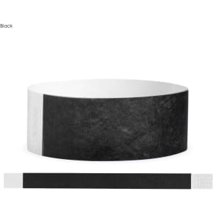 A black Tyvek adult wristband, 25mm wide, with a white section and a branding logo. Suitable for events and exhibitions.
