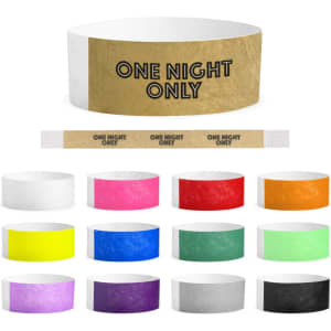 A collection of Tyvek adult wristbands in various colours, featuring a logo and a design element.