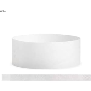 A white Tyvek adult wristband, 25mm wide, featuring a logo and a textured seal for fastening.