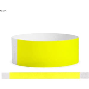 A bright yellow Tyvek adult wristband, 25mm wide, featuring a white strip with a logo. Ideal for events and exhibitions.