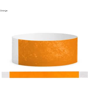 An orange Tyvek wristband with a textured surface and a white section for fastening.