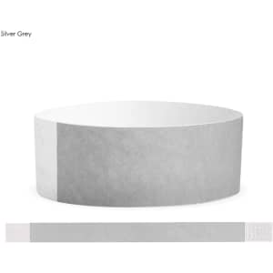 A silver grey Tyvek adult wristband with a smooth texture and integrated branding.
