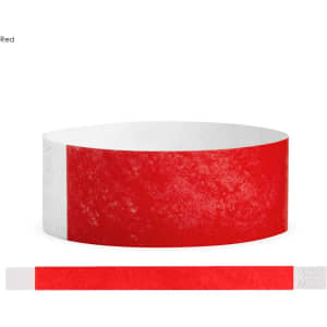 A red Tyvek adult wristband with a white section, designed for events and exhibits. Features a logo on its surface.