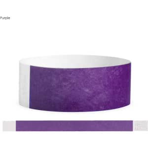 A purple Tyvek adult wristband measuring 25mm, featuring a logo and a textured design.