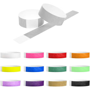 Tyvek kids wristbands in various colours including white, pink, yellow, blue, green, and red, displayed in a stacked layout.