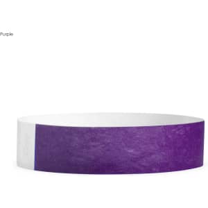 A purple Tyvek wristband with a white stripe, designed for events and exhibitions. Features a branding logo.