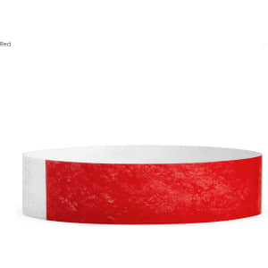 A red Tyvek kids wristband with a white section, designed for events and exhibitions, featuring a logo.
