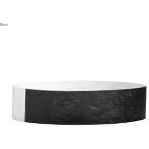 A black Tyvek kids wristband with a smooth, textured surface and a branding logo.