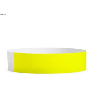 A yellow Tyvek wristband with a white section, designed for exhibitions and events. It has a logo present.