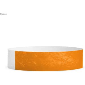 An orange Tyvek wristband with a white section, designed for events and exhibitions. It features a logo.