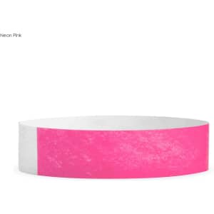 A neon pink Tyvek wristband with a plain white section, designed for events and exhibitions.