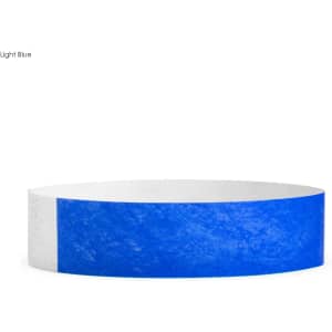 A light blue Tyvek wristband with a white section, designed for events and exhibitions, featuring a logo.