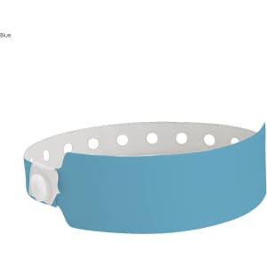 A blue vinyl wristband with a white inner lining, featuring holes and a snap closure, suitable for events.