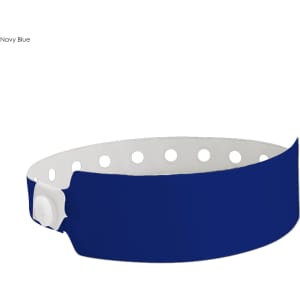 A navy blue vinyl wristband with white holes and a secure closure, designed for events and exhibitions.