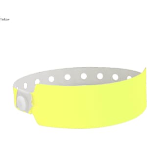 A bright yellow vinyl wristband with a secure fastening and punched holes for adjustments.