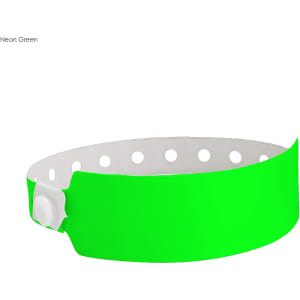 A neon green vinyl wristband with white holes and a fastening, suitable for events and exhibitions.