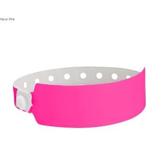 A neon pink vinyl wristband with a white inner lining and circular cutouts, featuring a fastening mechanism.