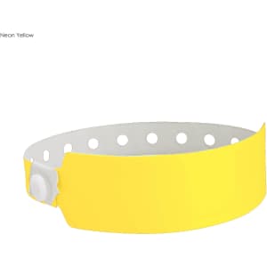 A neon yellow vinyl wristband with white fastening and multiple holes for adjustment. It features a logo.