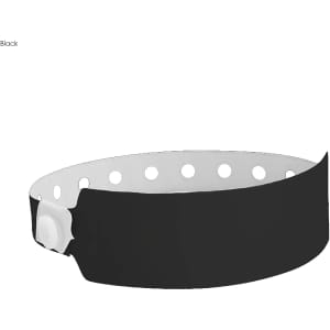 A black vinyl wristband with a white inner side and circular perforations, featuring a fastener.