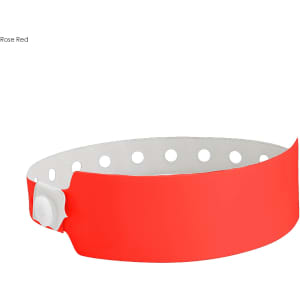 A rose red vinyl wristband with a white interior and a snap button closure, featuring multiple holes for adjustment.